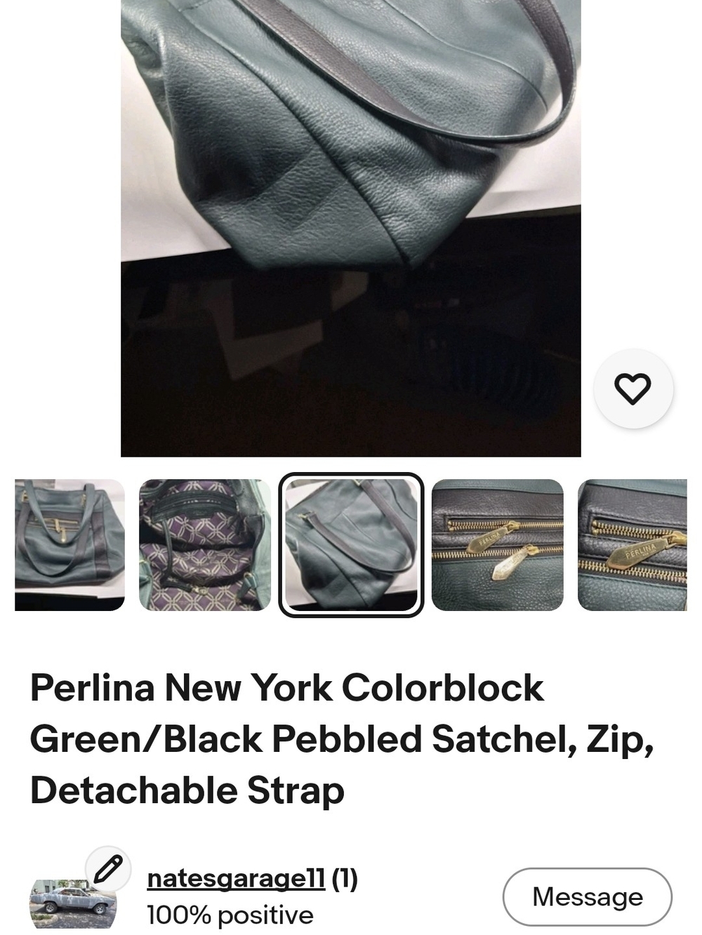 Perlini Italy...Green/Black Pebbled Satchel with Detachable Strap. Leather..